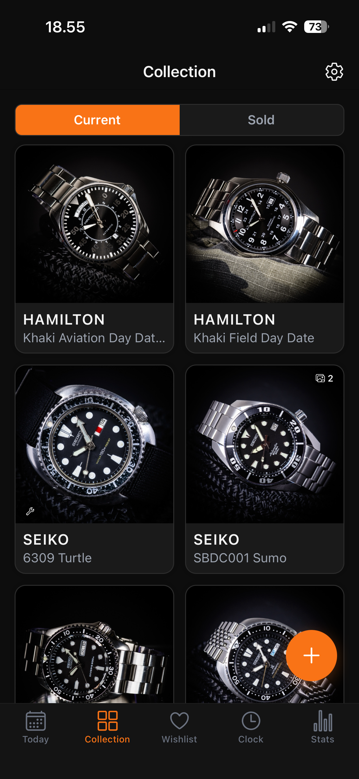 Collection screen showing watch catalog in a grid view