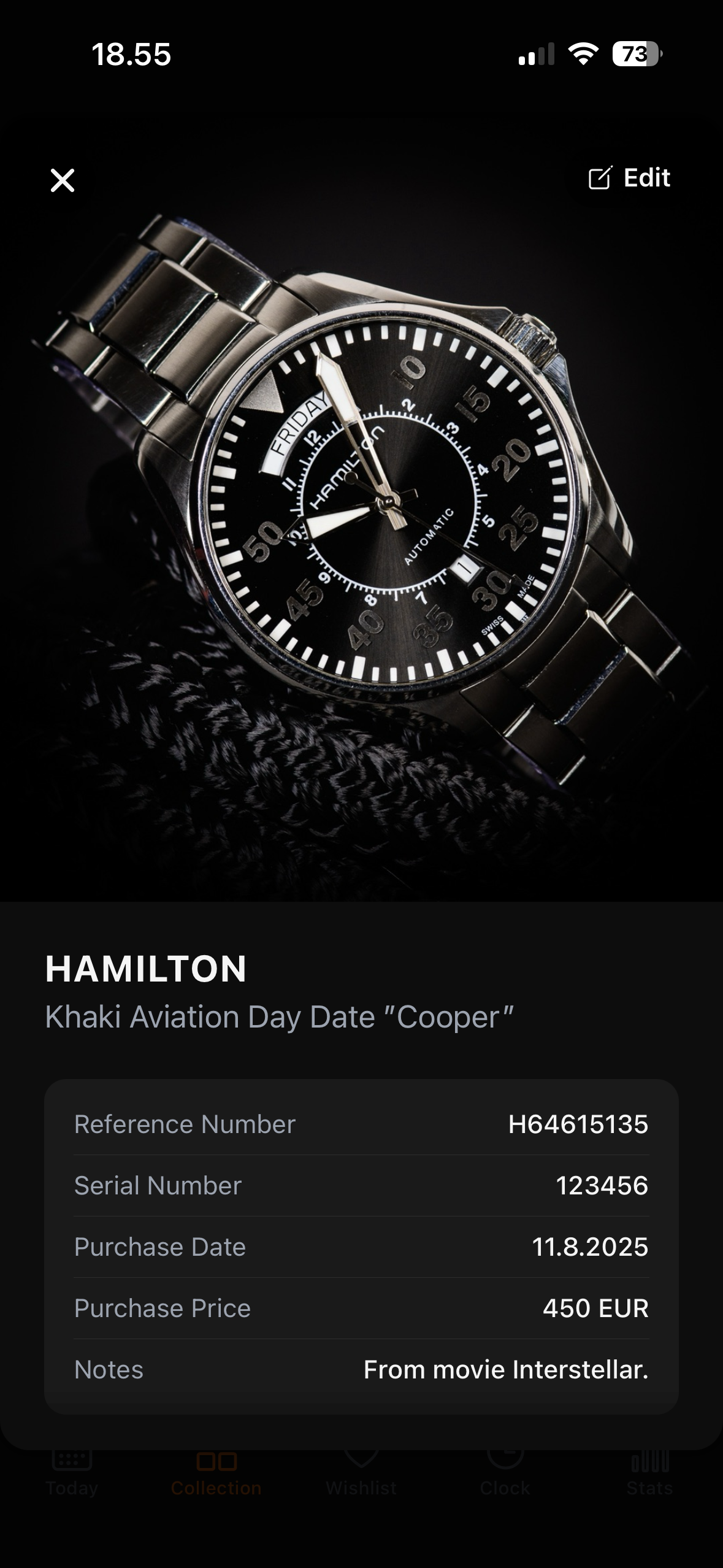 Watch detail screen showing photo, brand, model, reference and purchase details